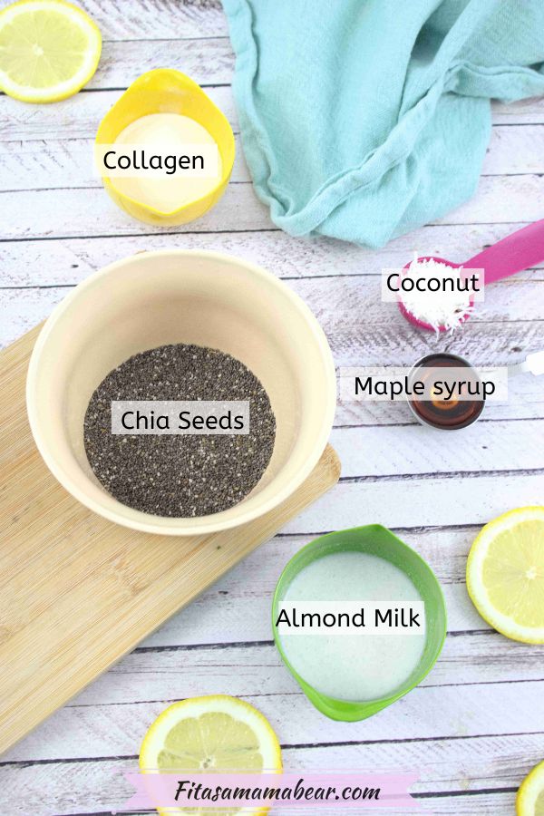 Multiple ingredients to make chia pudding in measuring cups with text labels over top.