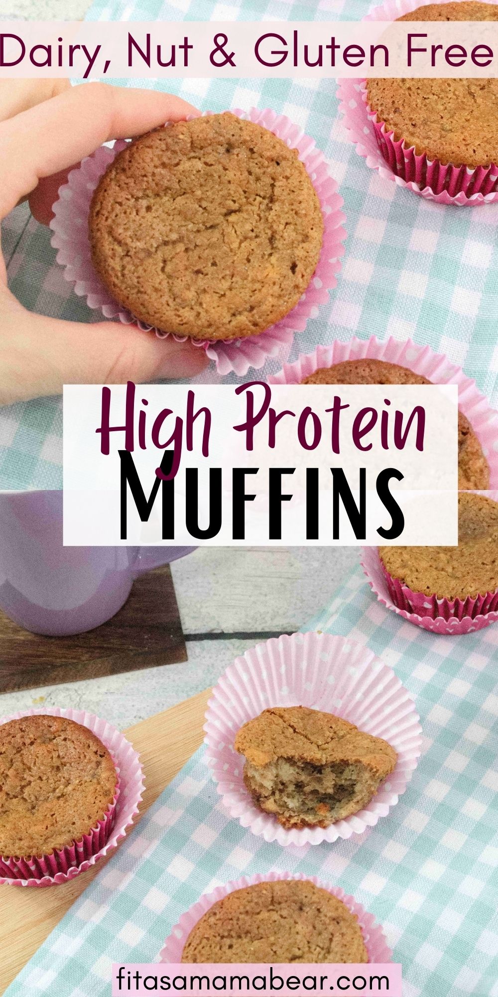 Two images of banana protein muffins in pink liners with the top image of two fingers holding a muffin.