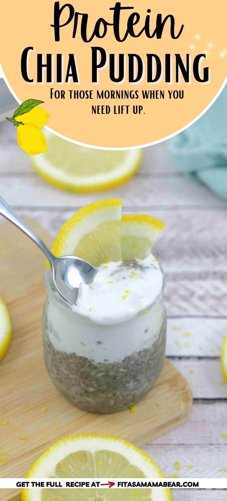 Lemon chia protein pudding topped with coconut cream in a small jar with lemons on top and a spoon in the pudding.