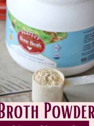 Pin image with text: two images, the top of a container of bone broth powder with a scoop of powder beside it and bone broth in a tea mug on a saucer and the bottom of a gut-healing chocolate cmoothie held in a kids hands with colored straws