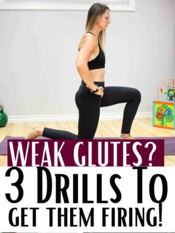 Three images of a woman in black tights and sports bra in various positions to activate the glutes with text between the images