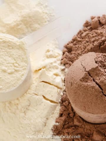 Two scoops one of white collagen powder and the other of chocolate protein powder with text at the top of the image.