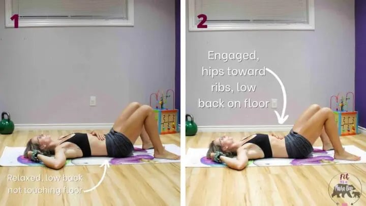 Two images of a woman in a sports bra and skort lying on a yoga mat with her hand on her tummy and arrows and text about how to pelvic tilt