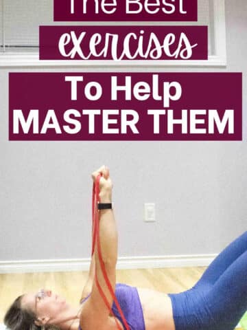 Pin image with text: woman in purple sports bra and blue pants laying on the floor with a band in her hands and around her back performing a press straight out from her chest.