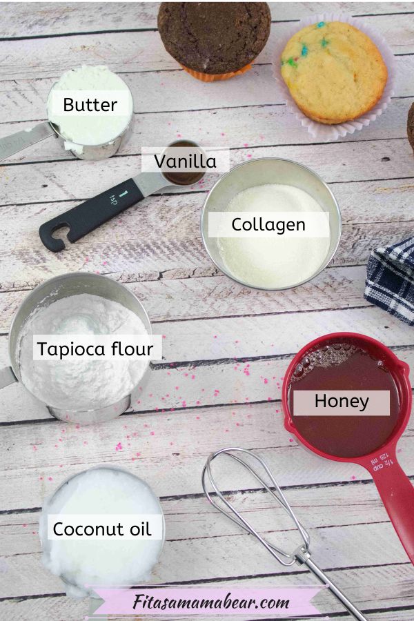 Multiple ingredients for buttercream frosting in measuring cups with text labels over top.