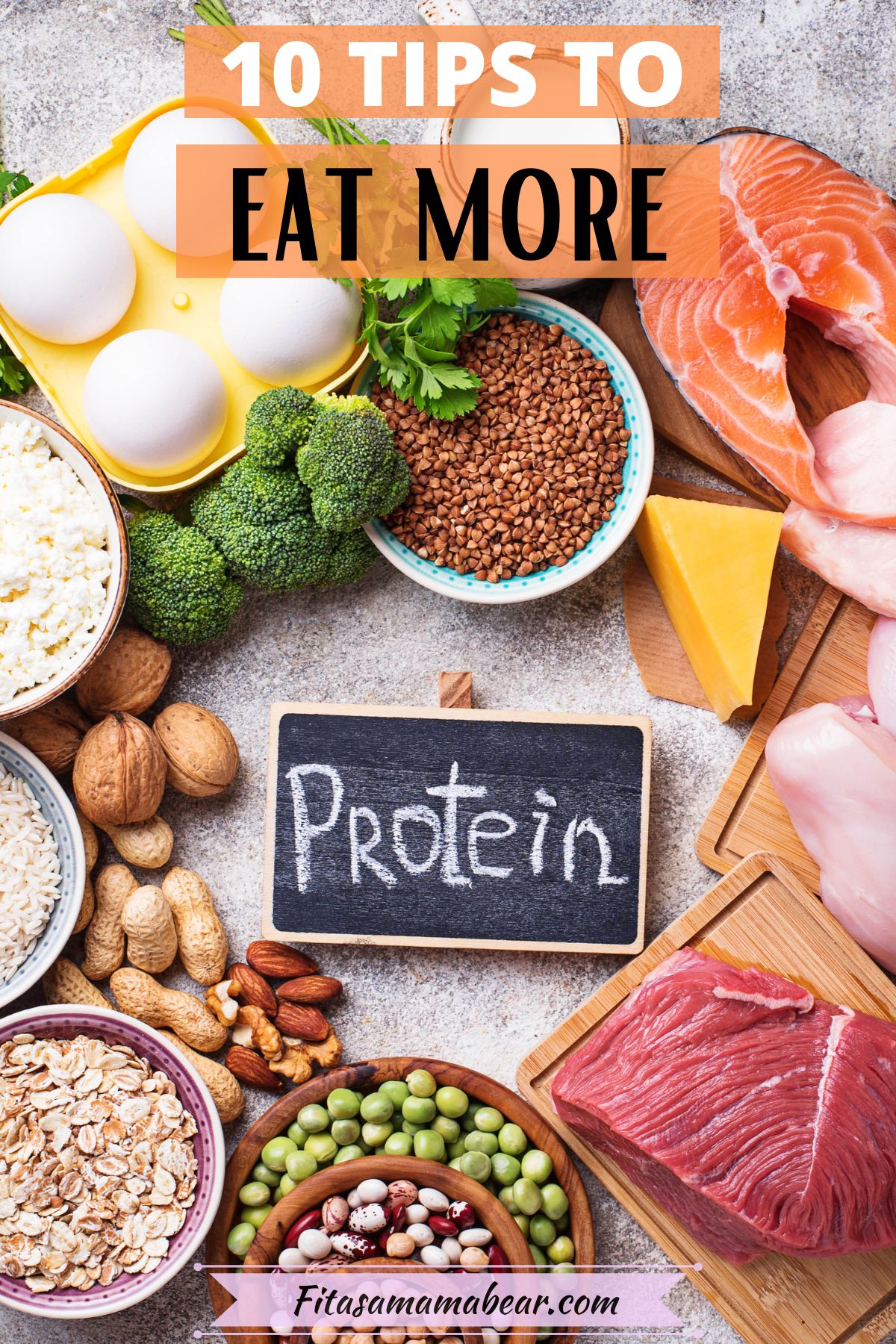 Multiple protein-rich foods like meat, cheese, nuts, and seeds around a chalkboard with the word protein on it.