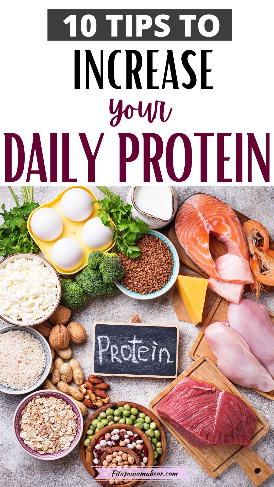 Multiple protein-rich foods like meat, cheese, nuts, and seeds around a chalkboard with the word protein on it.
