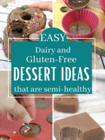 Four images of healthy dessert recipes like donuts, chocolate fudge, and a candy cane dish.