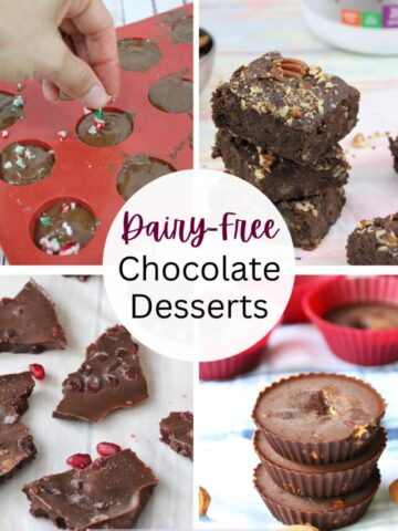 Four images of chocolate desserts with text in the middle of the desserts.