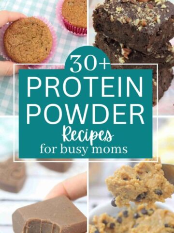like brownies, pancakes, muffins, and fudge with text over top.
