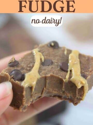 Close up image of fingers holding a piece of chocolate protein fudge with a bite taken out.