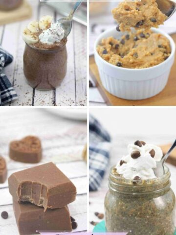 Six no bake snack recipes like protein cookie dough, chia pudding, and chocolate fudge with text over top.