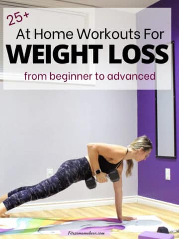 Woman in sports bra and pants performing a dumbbell plank row at home.