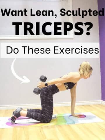 Woman in sporta bra on hands and knees performing a tricep extension with a dumbbell.