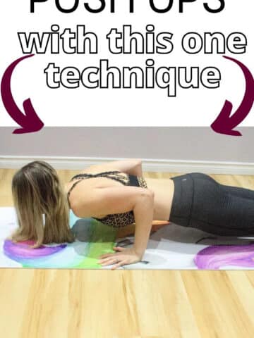 Woman in the bottom of a push up on a yoga mat with text above the image.