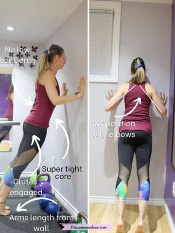 Two images of a woman doing wall push ups showing the correct way to do them