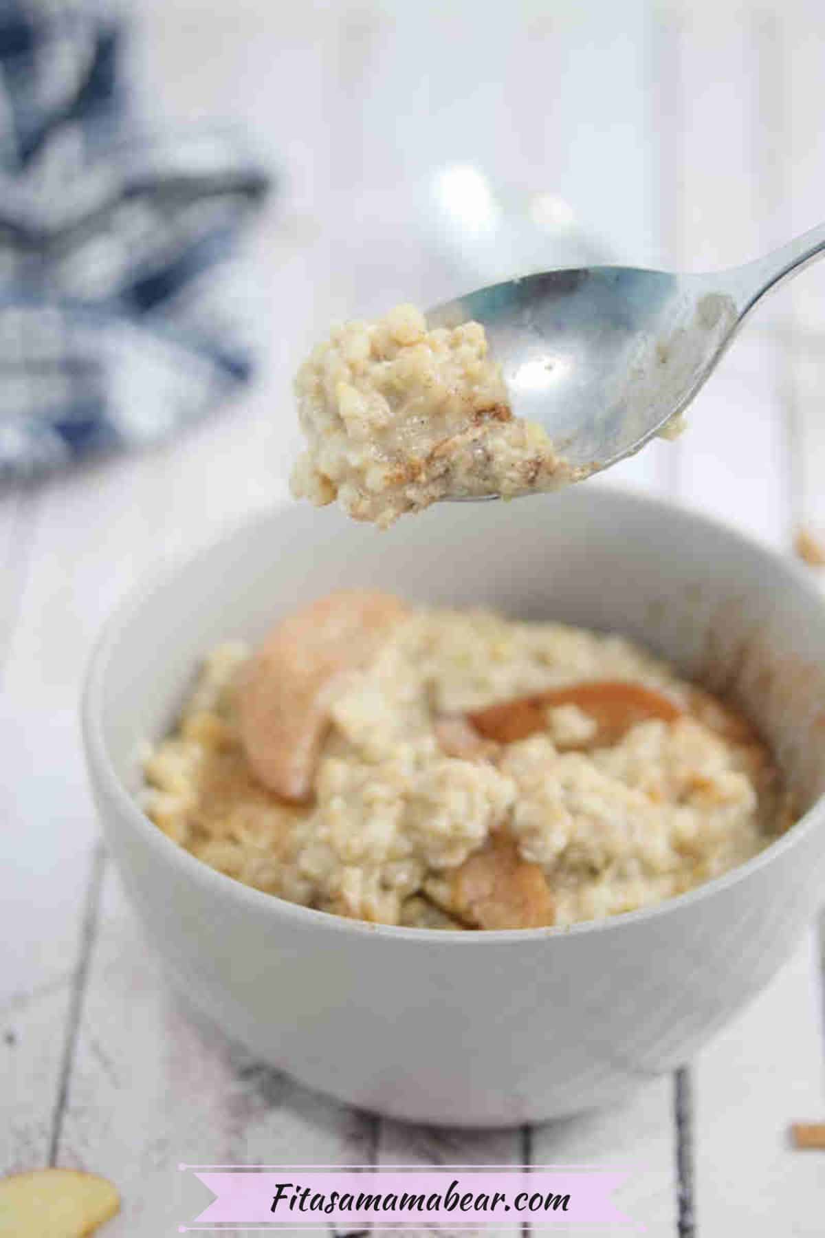Spoonful of protein oatmeal held above a bowl of oatmeal with apples on top.