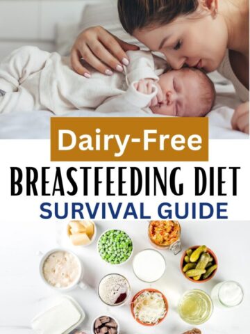 Two images with text between them the top of a mom and banay and the bottom of dairy-free foods in measuring cups.