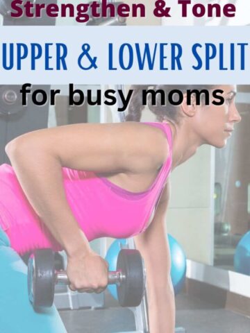 Woman in pink workout shirt and blue pants performing a row on a bench with text over the image.