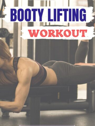 Dark image of a woman in sports bra and pants lying on a workout bench performing a lower glute exercise.