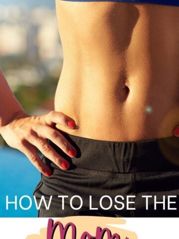 Close up of a womans tummy in a blue sports bra with text over the image.