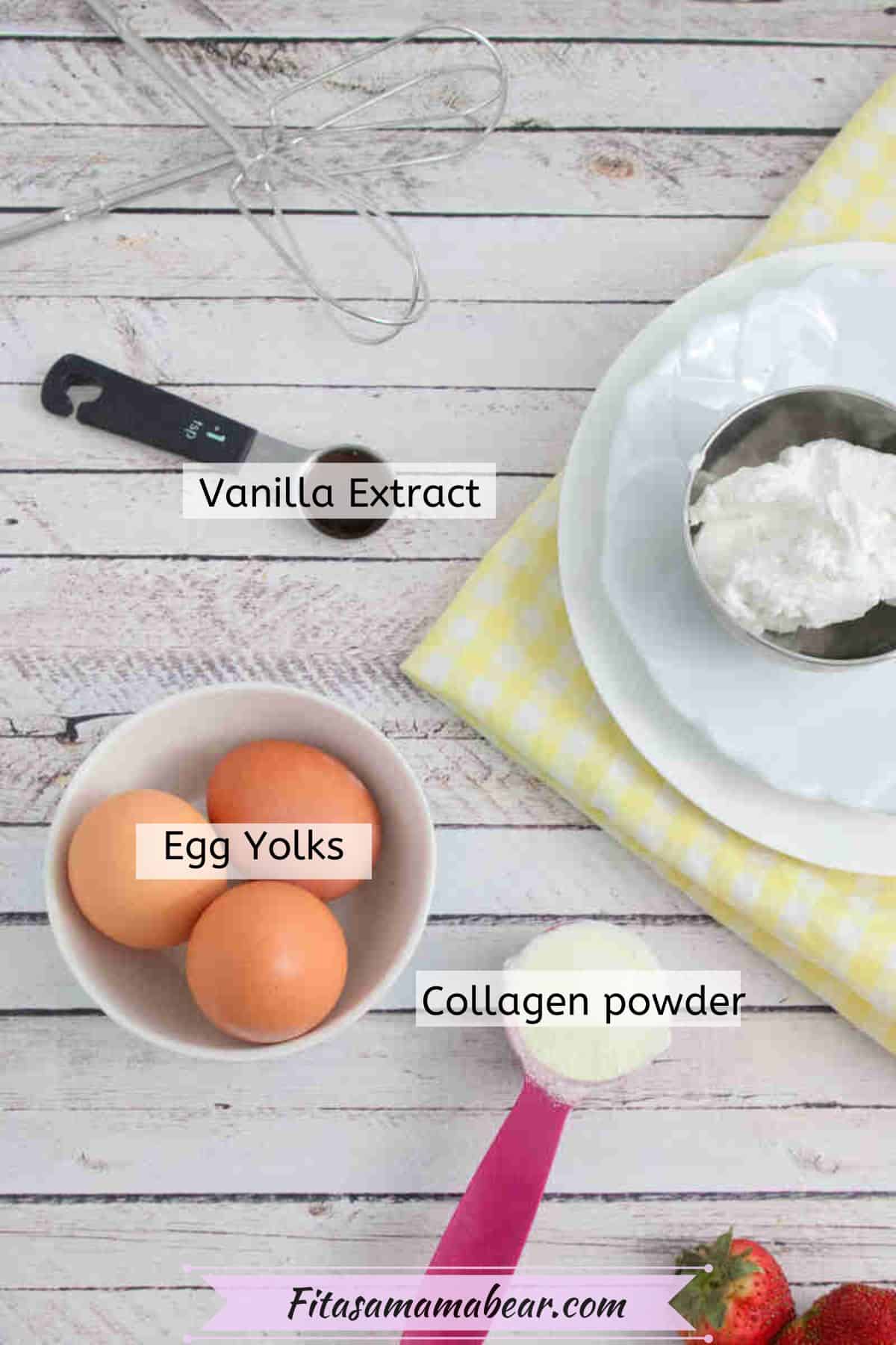 Eggs, collagen powder, and vanilla extract in measuring cups with text labels over top and a plate with coconut whipped cream in a bowl on it.