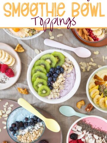 Multiple healthy smoothie bowls with fresh fruit and seed toppings and spoons around the bowls with text above the image.
