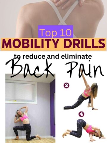 Image with text over it the top image a close up of a womans back and the bottom part of the image is graphics of thoracic mobility exercises.