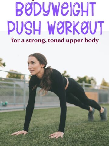Woman in black workout clothes outside performing a push up with text above the image.
