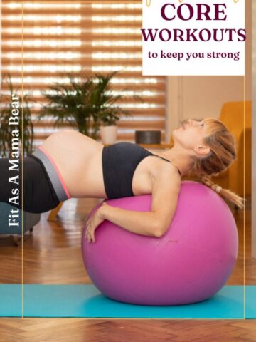 Pregnant woman with her back on an exercise ball in a sports bra and tights performing core work with text above the image.