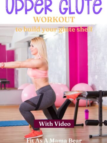 Woman in pink workout shirt and tights performing a glute exercise on a bench with text above the image.