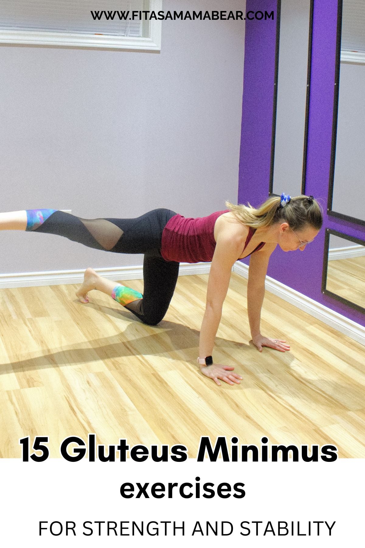 Woman performing a glute exercise on all fours with text below the image.