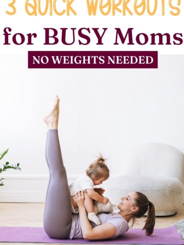 Mom in workout clothes on her yoga mat with her baby on her hips with text above the image.