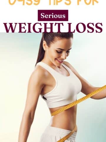 Woman in sports bra and shorts with a measuring tape around her waist and text about weight loss tips.