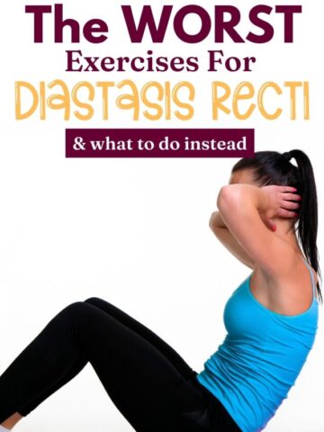 Woman in blue shirt and tights performing a sit up with text above the image.