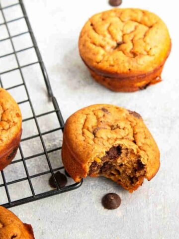Pumpkin protein muffins on a black cooling rack with one muffin a bite out of it and chocolate chips around it.