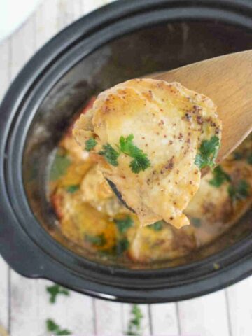 Close up of a wooden spoon holding a chicken thigh covered in honey mustard sauce with parsley over a black slow cooker.