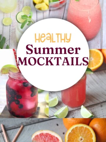 Multiple images of mocktails with a circle in the middle and text.