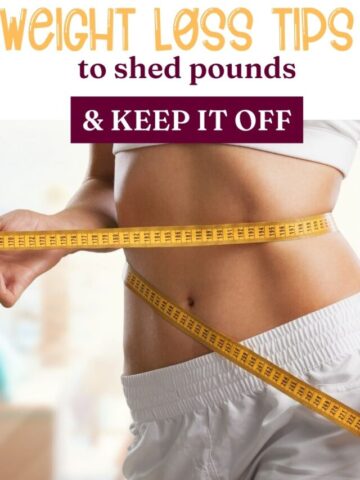Woman in sports bra and shorts with a measuring tape around her waist and text about weight loss tips.