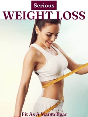 Woman in sports bra and shorts with a measuring tape around her waist and text about weight loss tips.