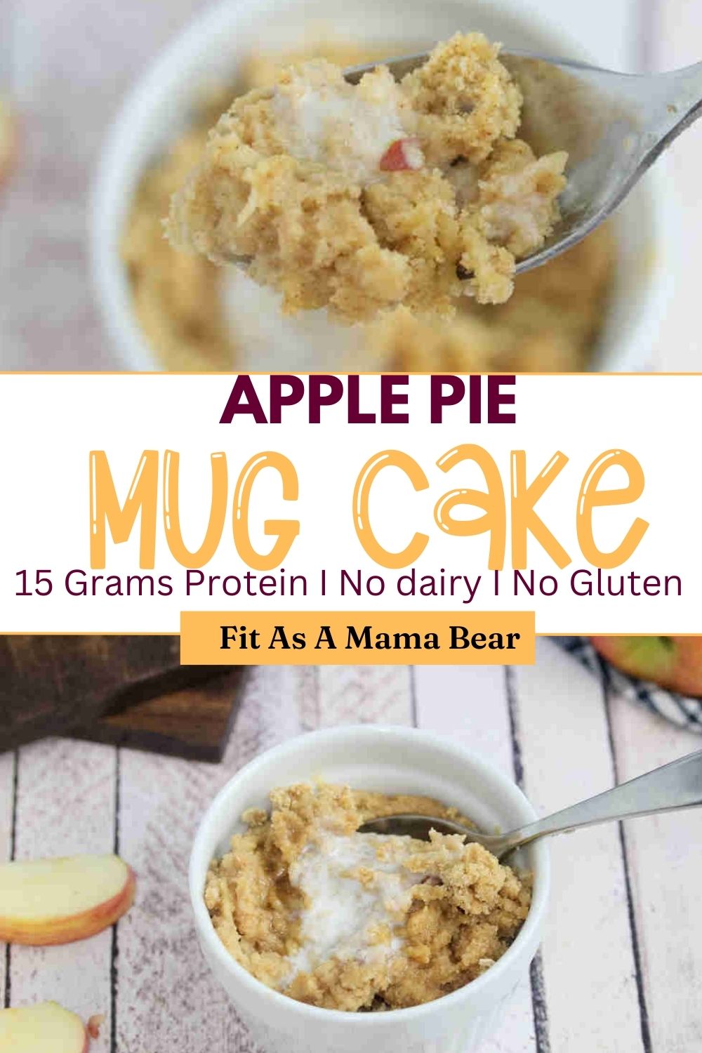 Two images of Apple mug cake in a white ramekin with coconut milk on top and spoon in it with text between the images.
