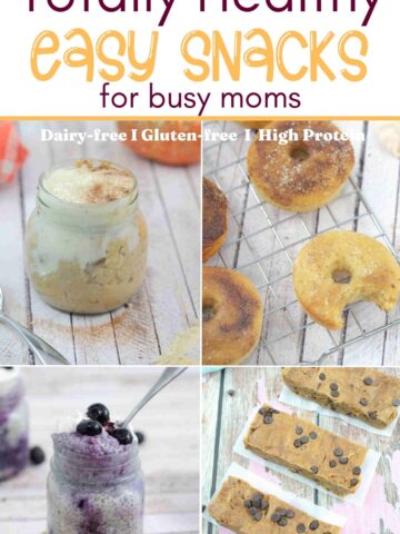 Four images of high protein healthy snacks with text on top of them.