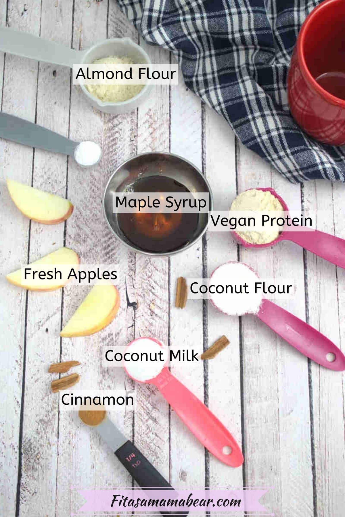 Multiple ingredients to make apple pie mug cake with text labels over top.