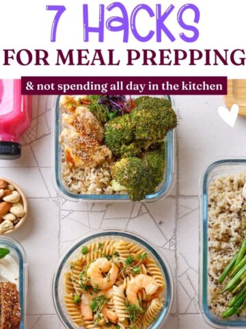 Multiple glass dishes with gluten-free food and text about meal prep at the top.