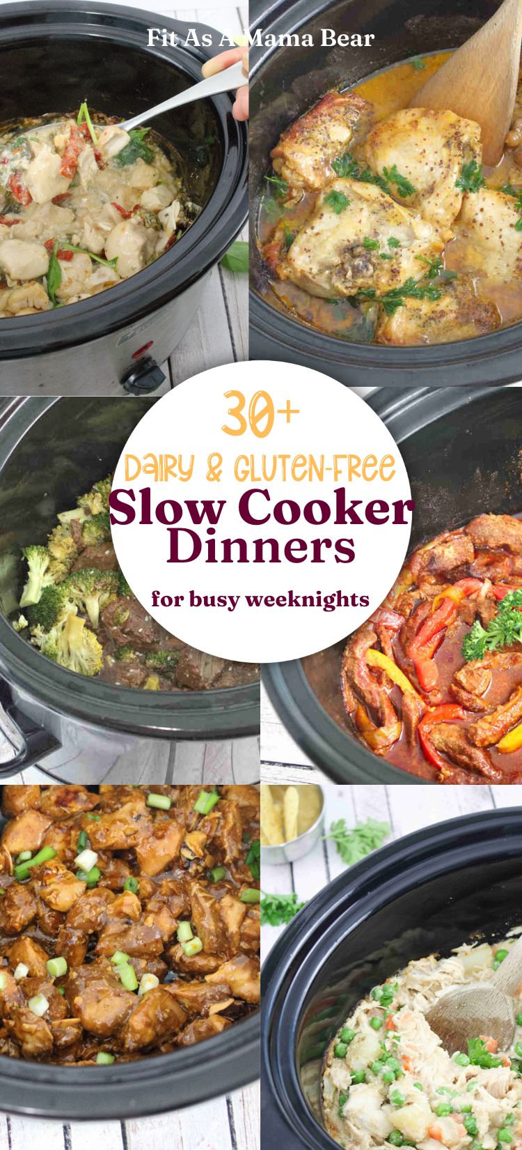 Collage image of multiple dairy free slow cooker dinner recipes in a black crock pot with text on the image.