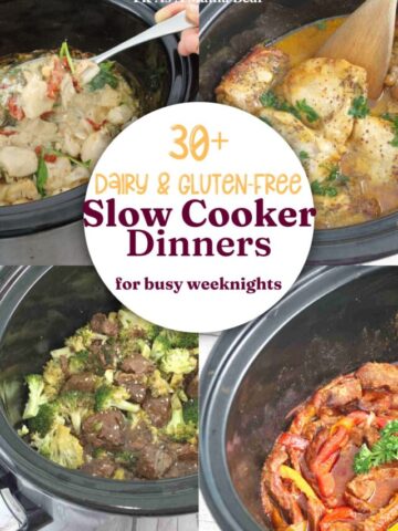Collage image of multiple dairy free slow cooker dinner recipes in a black crock pot with text on the image.