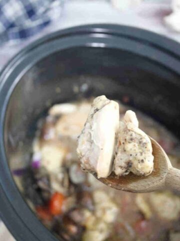 Close up shot of hunters chicken thigh on a wooden spoon over a slow cooker.