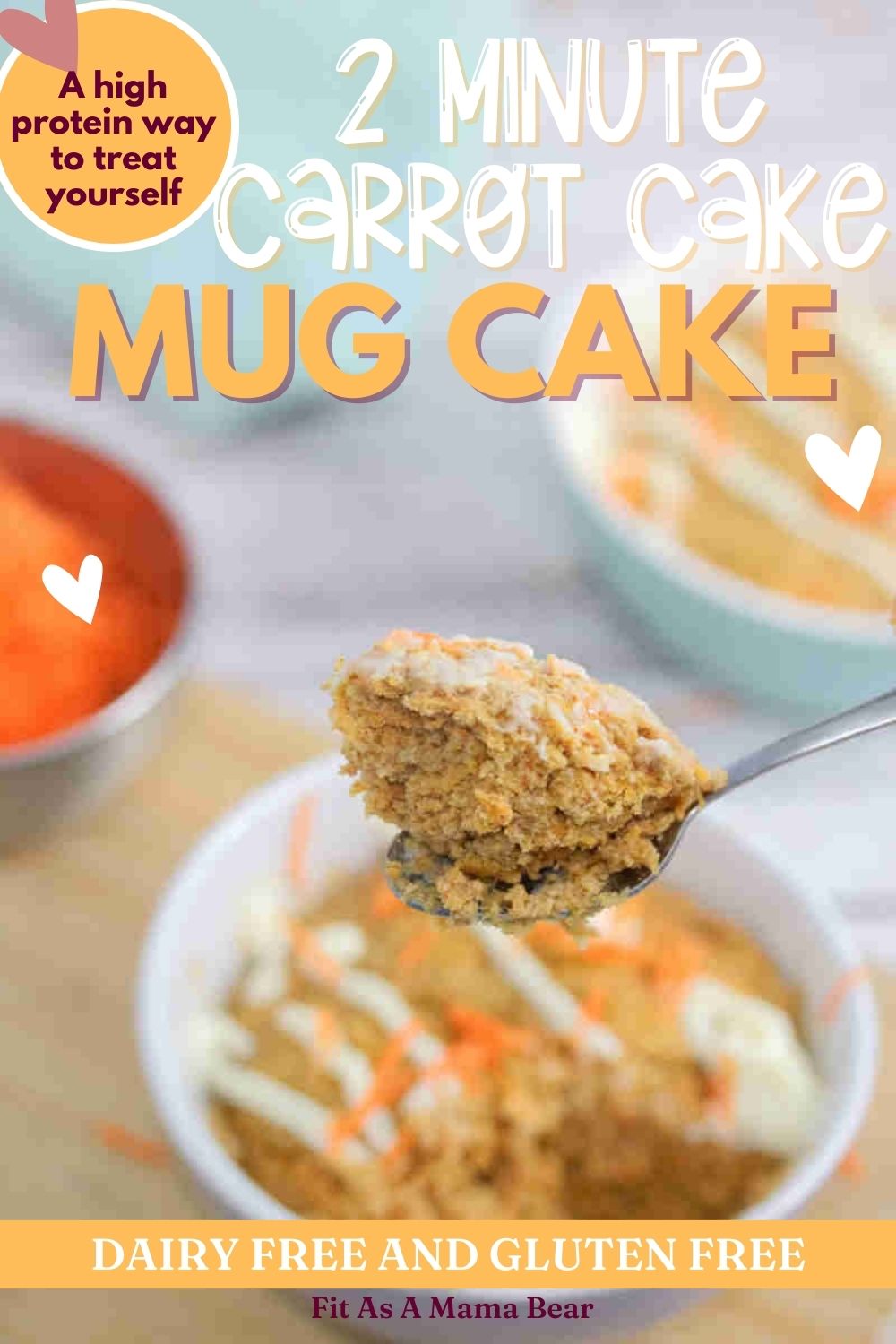 Carrot mug cake in a white ramekin with a spoonful coming out with text on the image.