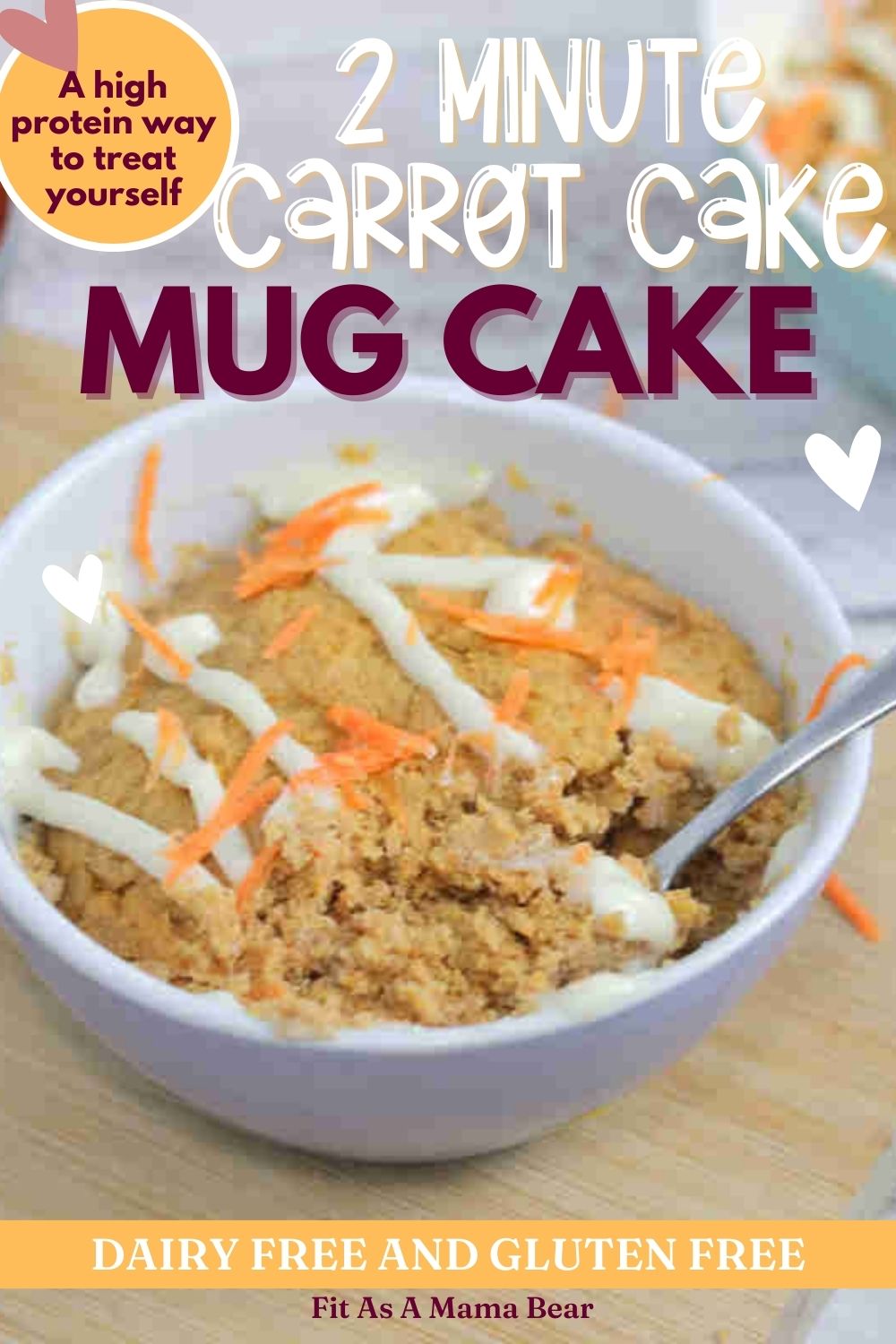 Carrot mug cake in a white ramekin with a spoon in the ramekin and cream cheese frosting on top. Ramekin on a cutting board with carrot behind it and text on the image.