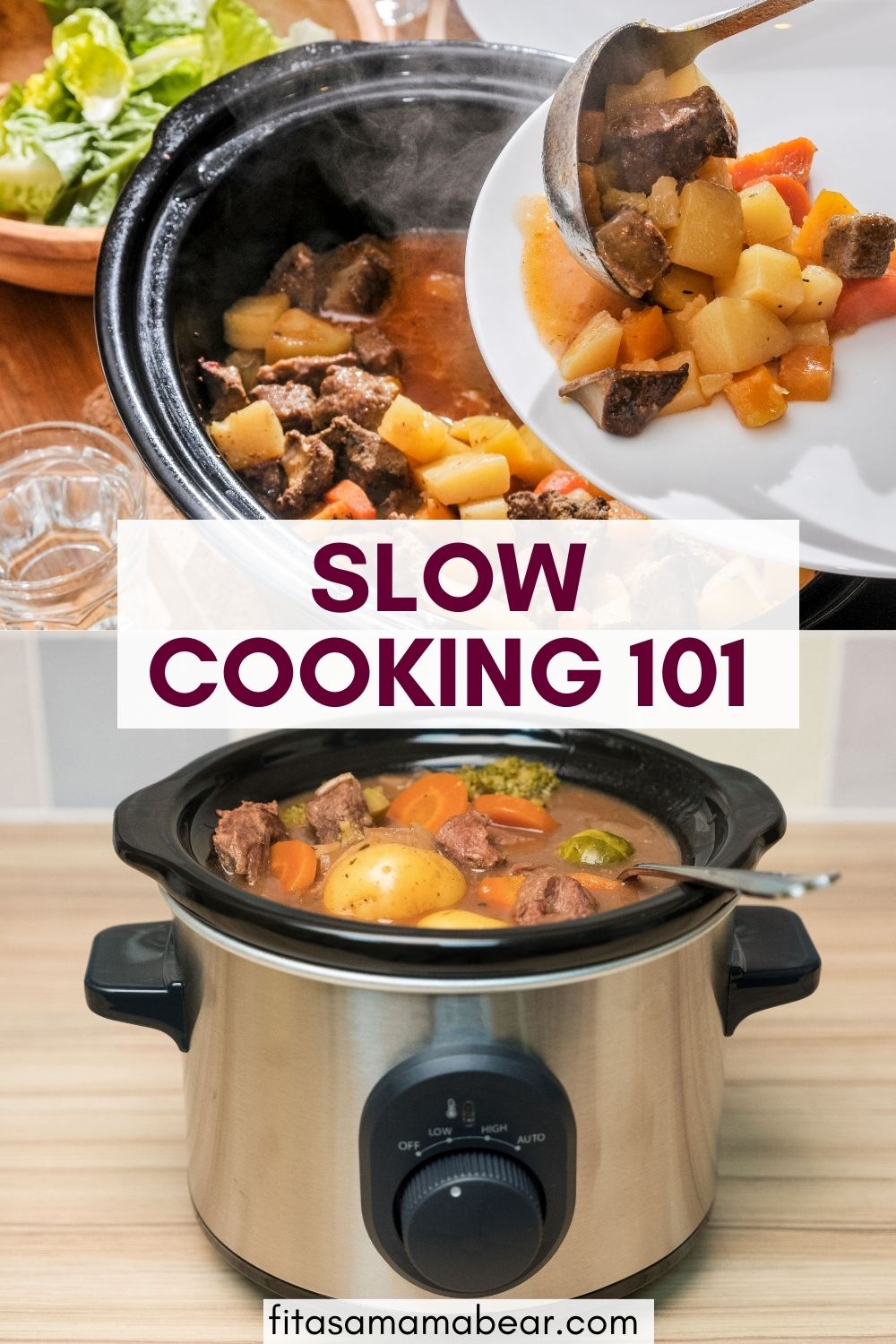 Two images of a slow cooker with stew in it and text between the image.